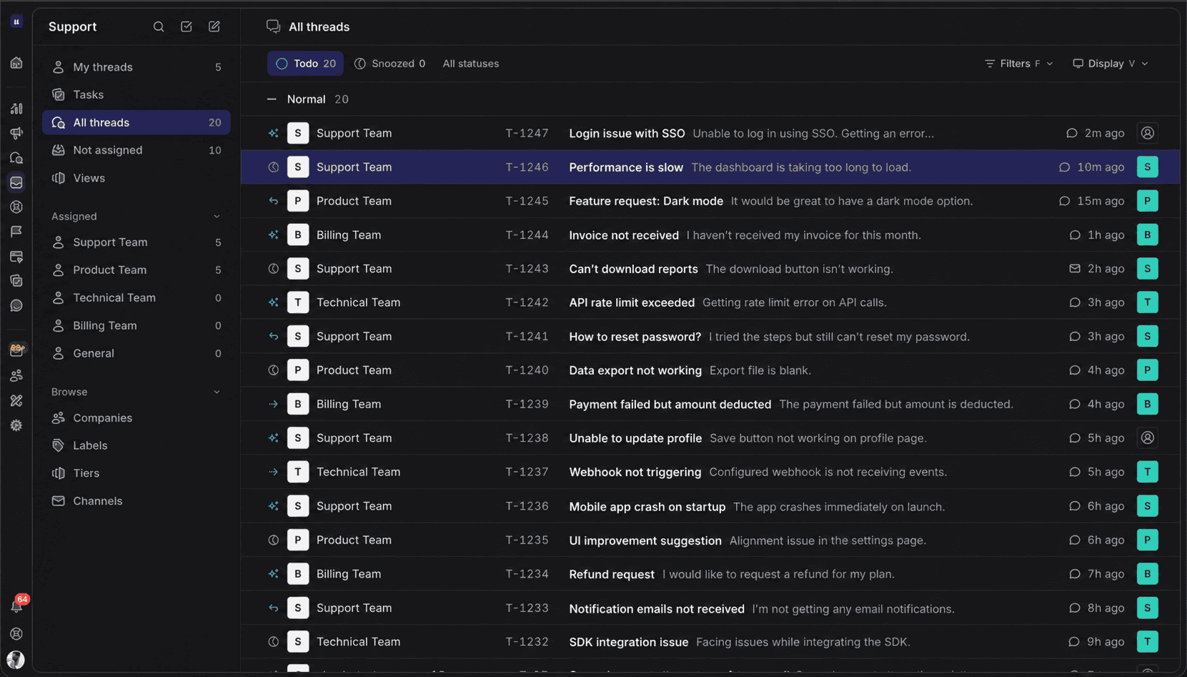 Support inbox with customer conversations